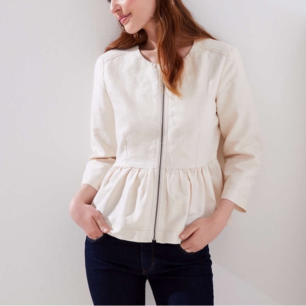 LOFT Cream Zip-Front Peplum Jacket